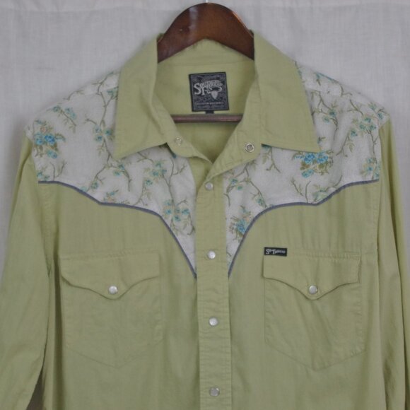 Men's Light Green Floral Decorative Snap Button Western Shirt Large - Picture 8 of 8